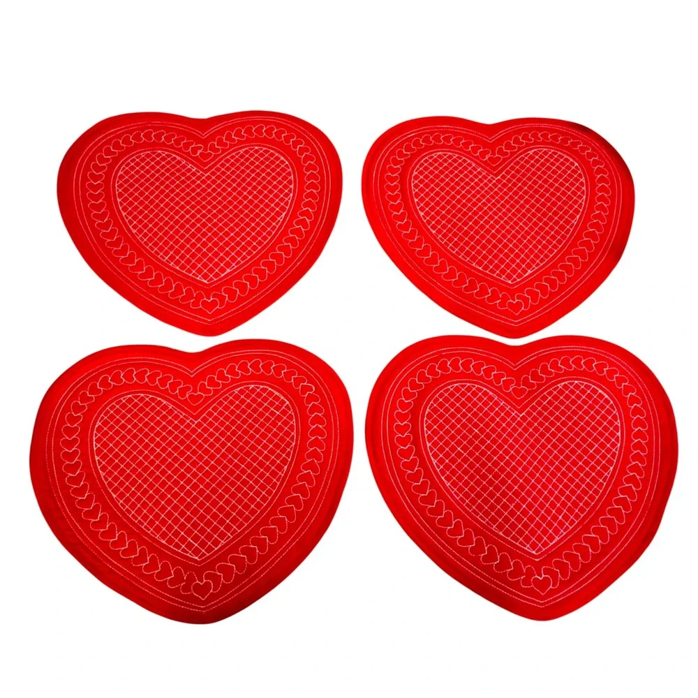 Set 4 Heart Placemat Reversible‎ Red Gingham Quilted Valentine Country Farmhouse